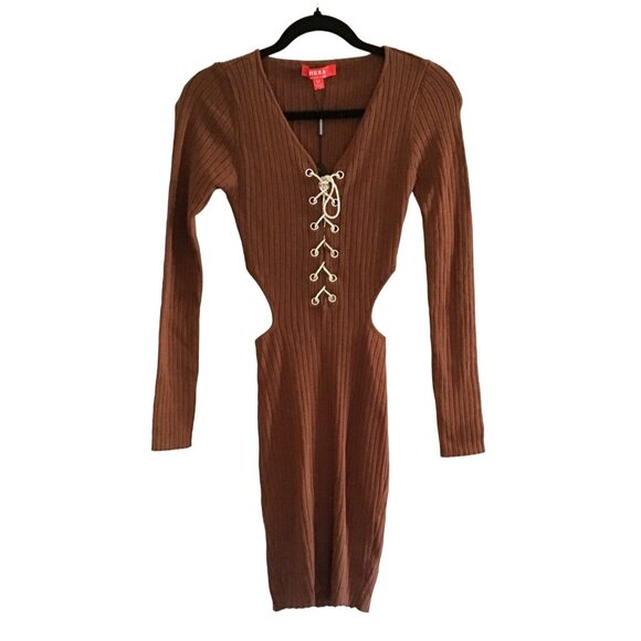 HERA COLLECTION- WOMENS BROWN DRESS SIDES/LOWER BACK OPENNING LONG SLEEVE SIZE M - Picture 4 of 9